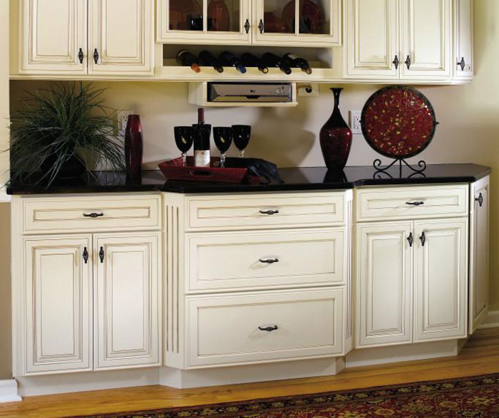 Off White Cabinets with Black Kitchen Island