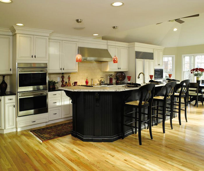 Off White Cabinets with Black Kitchen Island